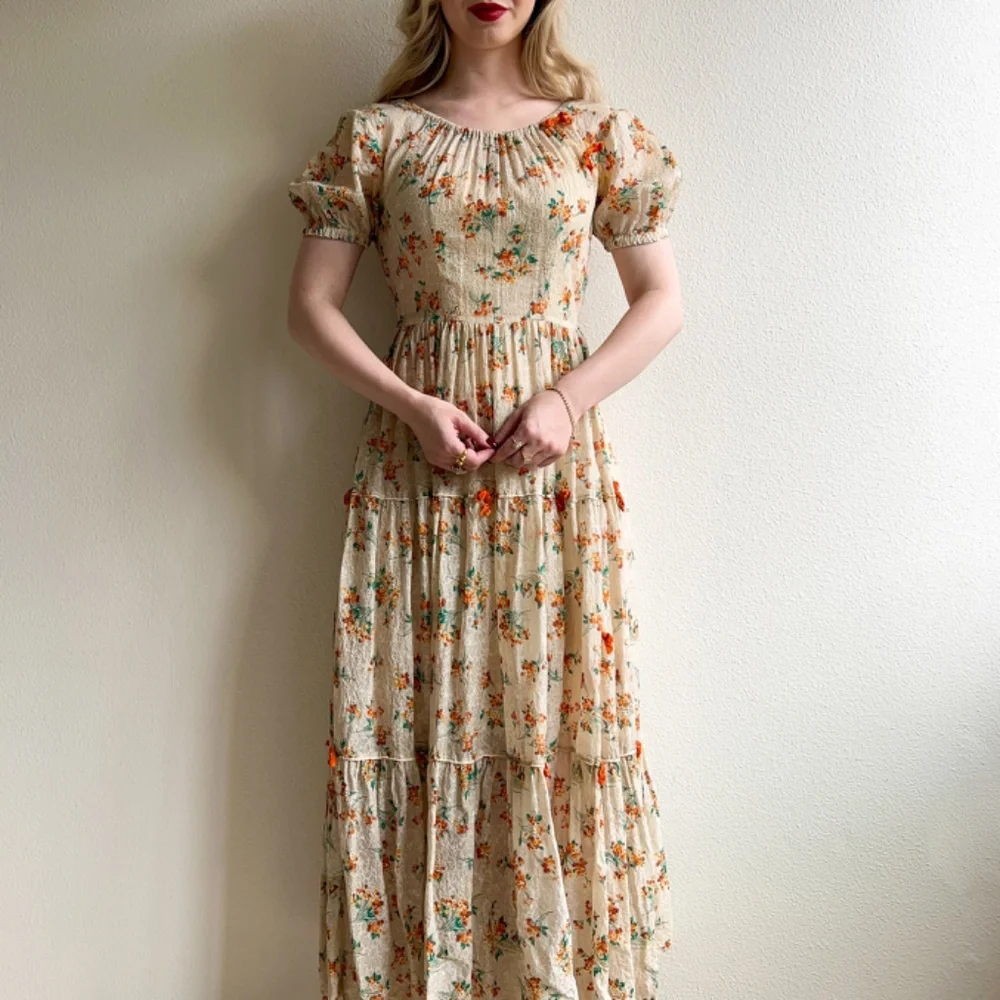 Stunning Vintage 1930s Orange Floral Gown With Velvet Bows (XS/S) - Picture 4 of 14